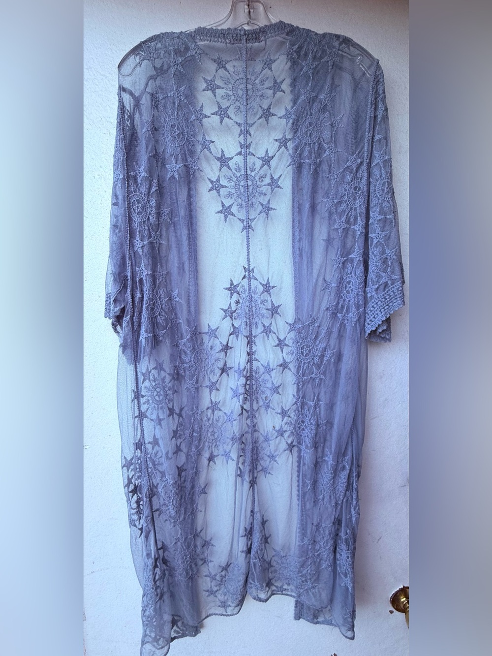 Carlos by Carlos Santana Starburst Lace Sheer Duster Kimono in Dusty blue